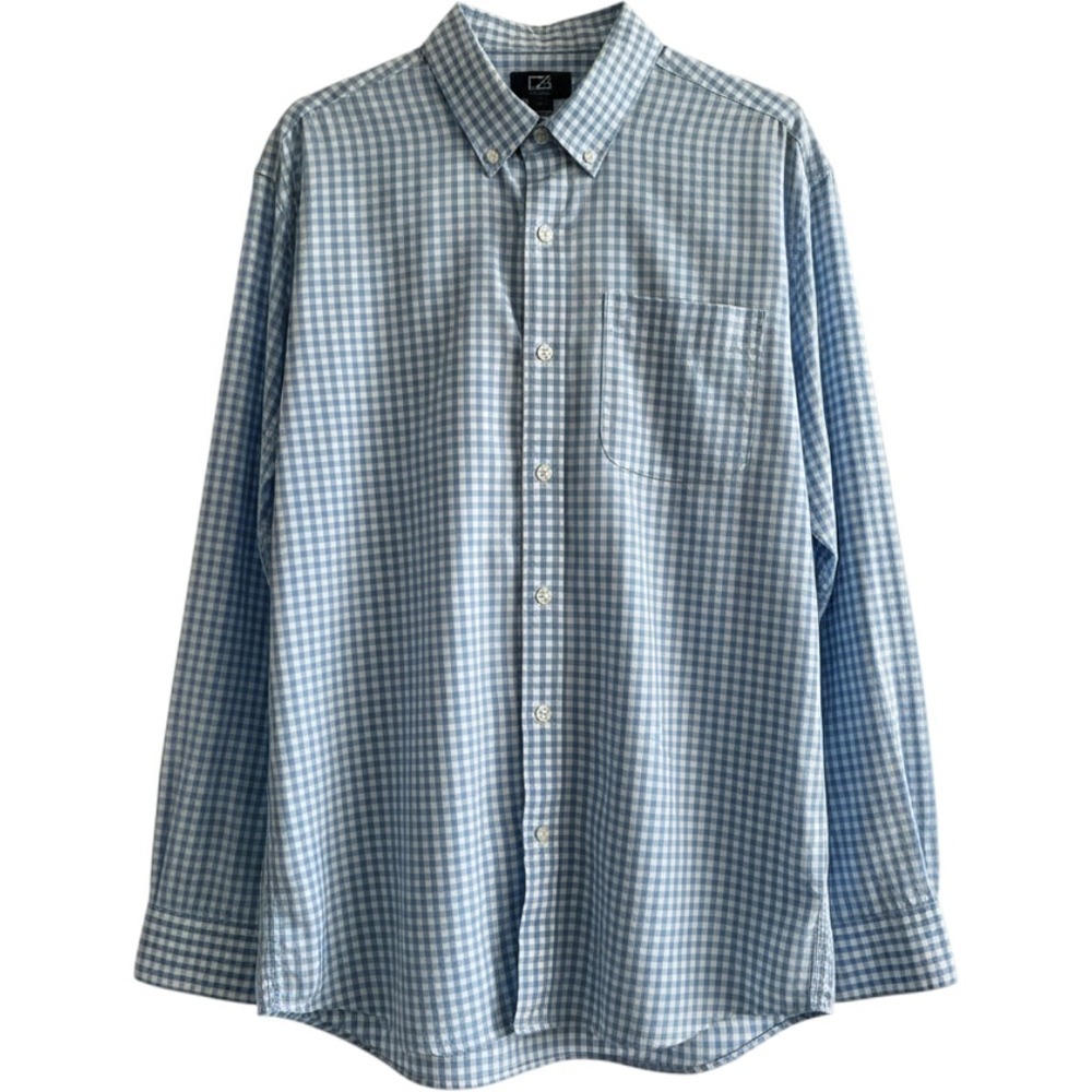 Cutter & Buck Button Down Shirt Mens L Blue Gingham Easy Care Long Sleeve